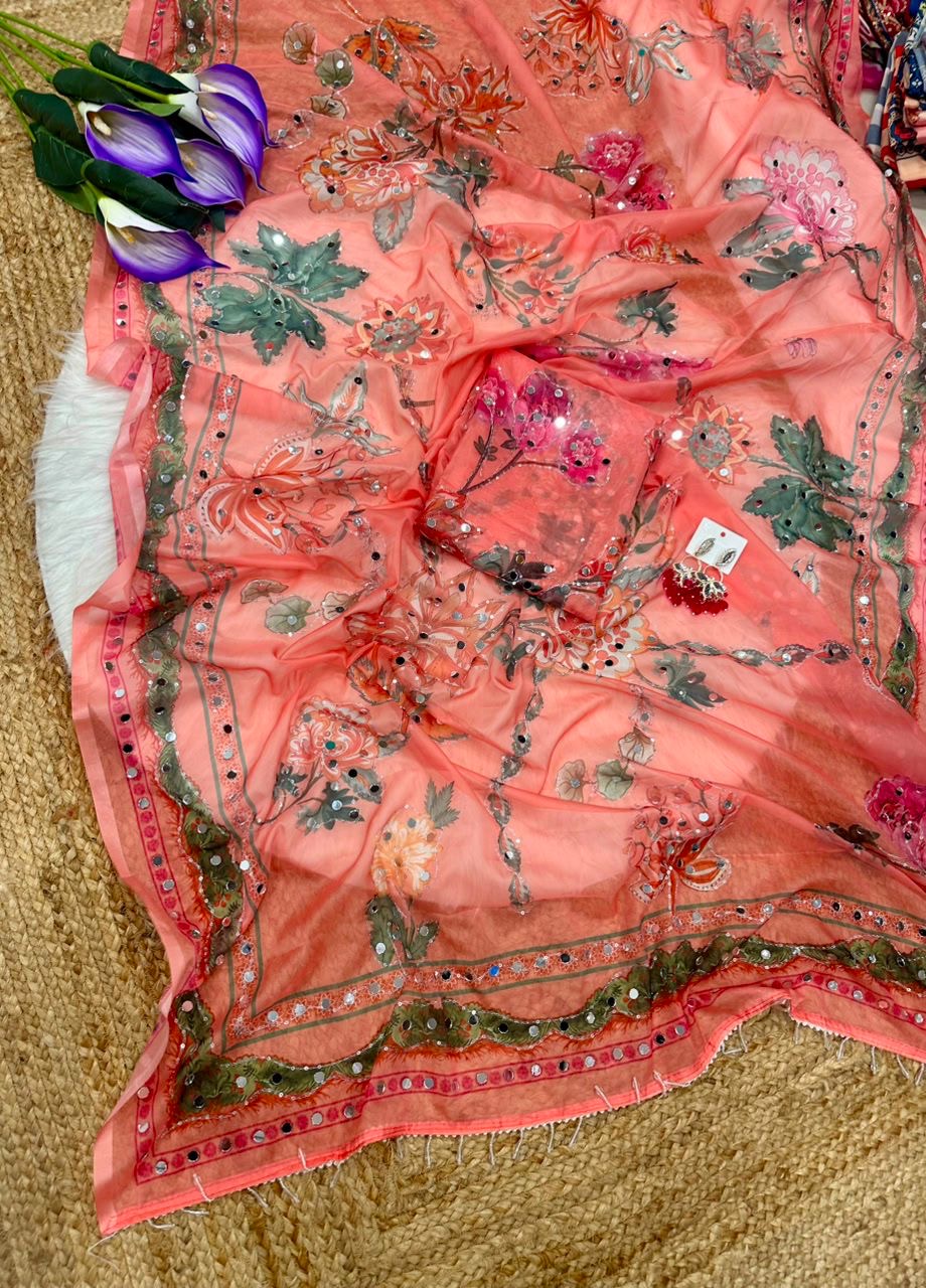 Rose Petel Mirror work Saree