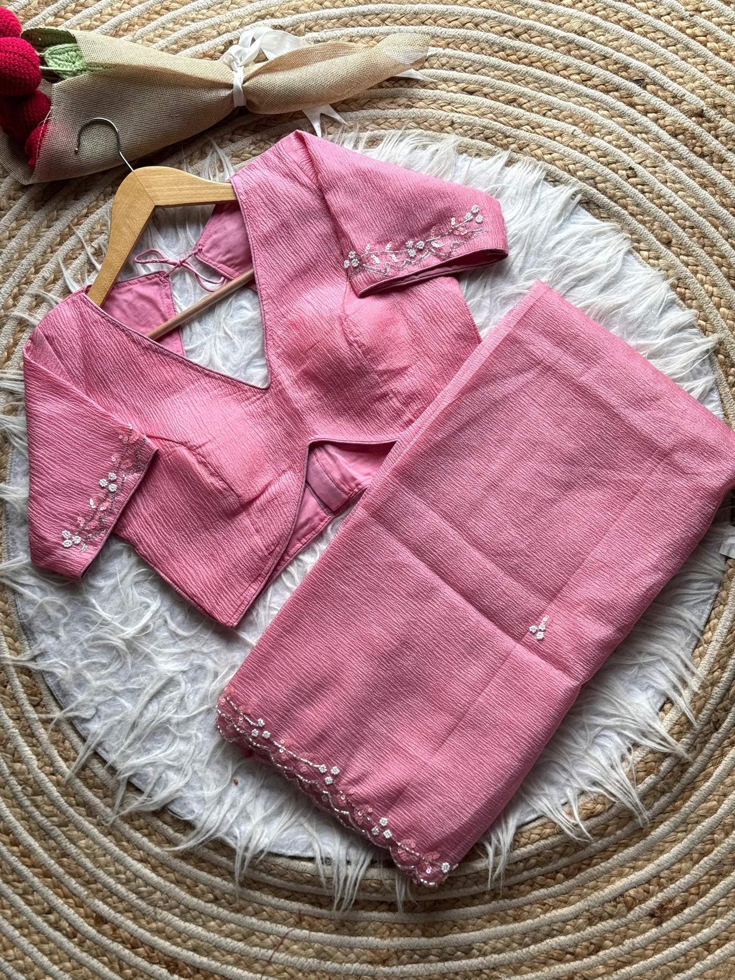 Noorani Handwork Saree(Pink)