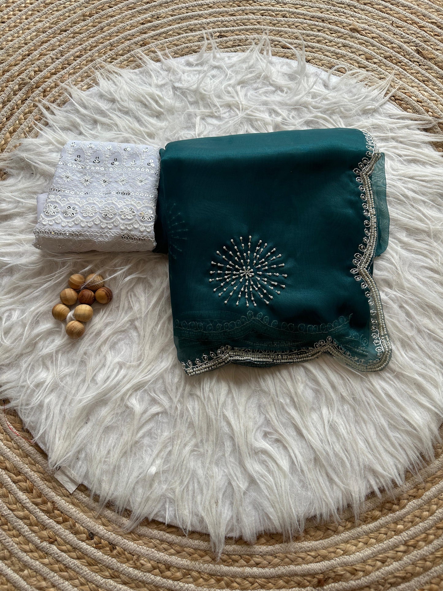 Carol Handwork Saree(Teal Blue)