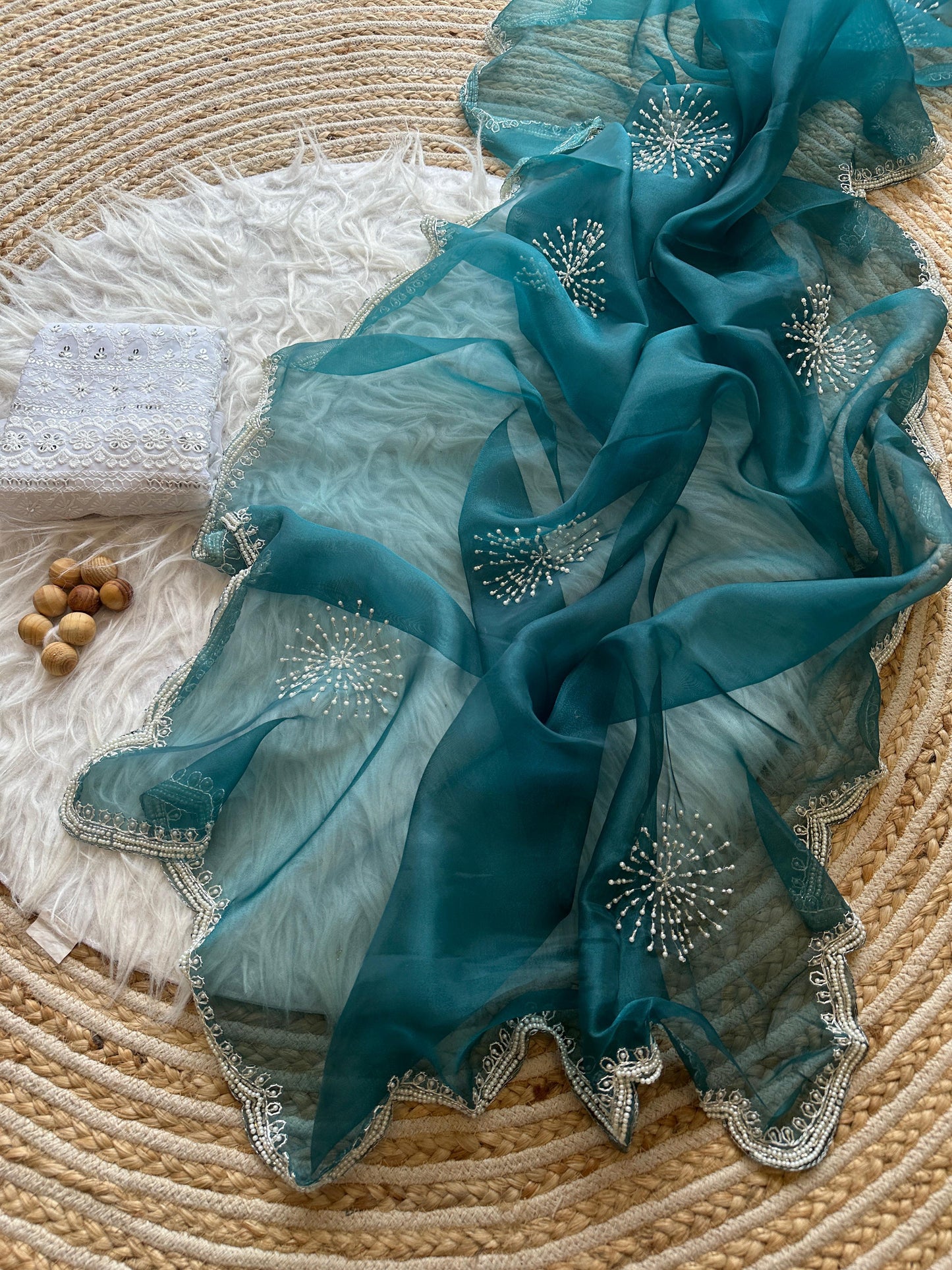 Carol Handwork Saree(Teal Blue)