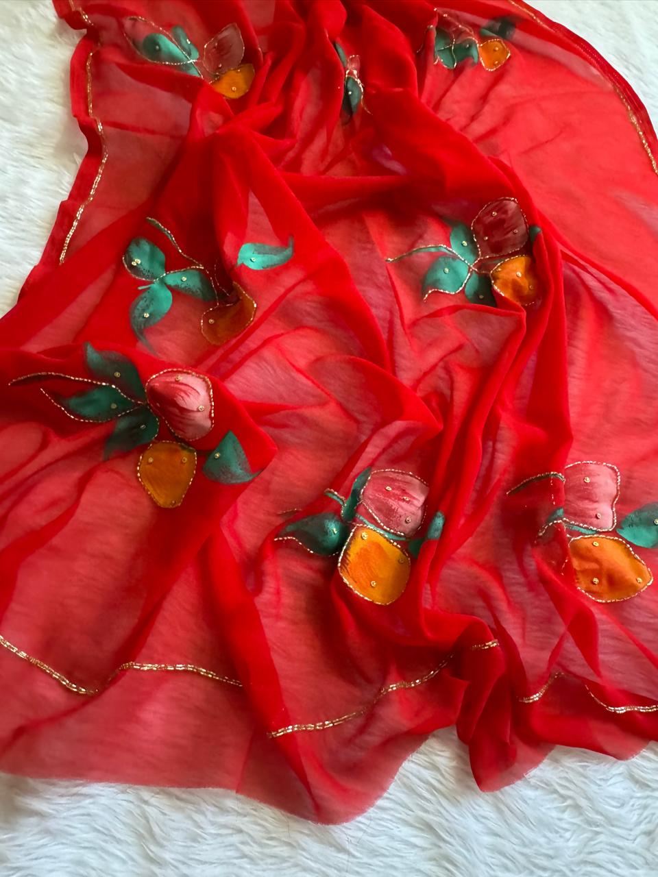 Flora Handwork Saree(Red)