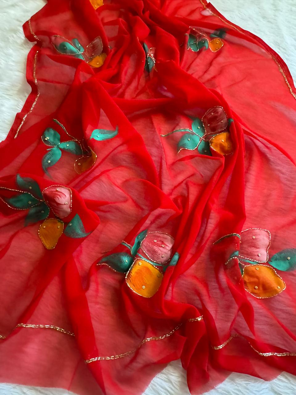 Flora Handwork Saree(Red)