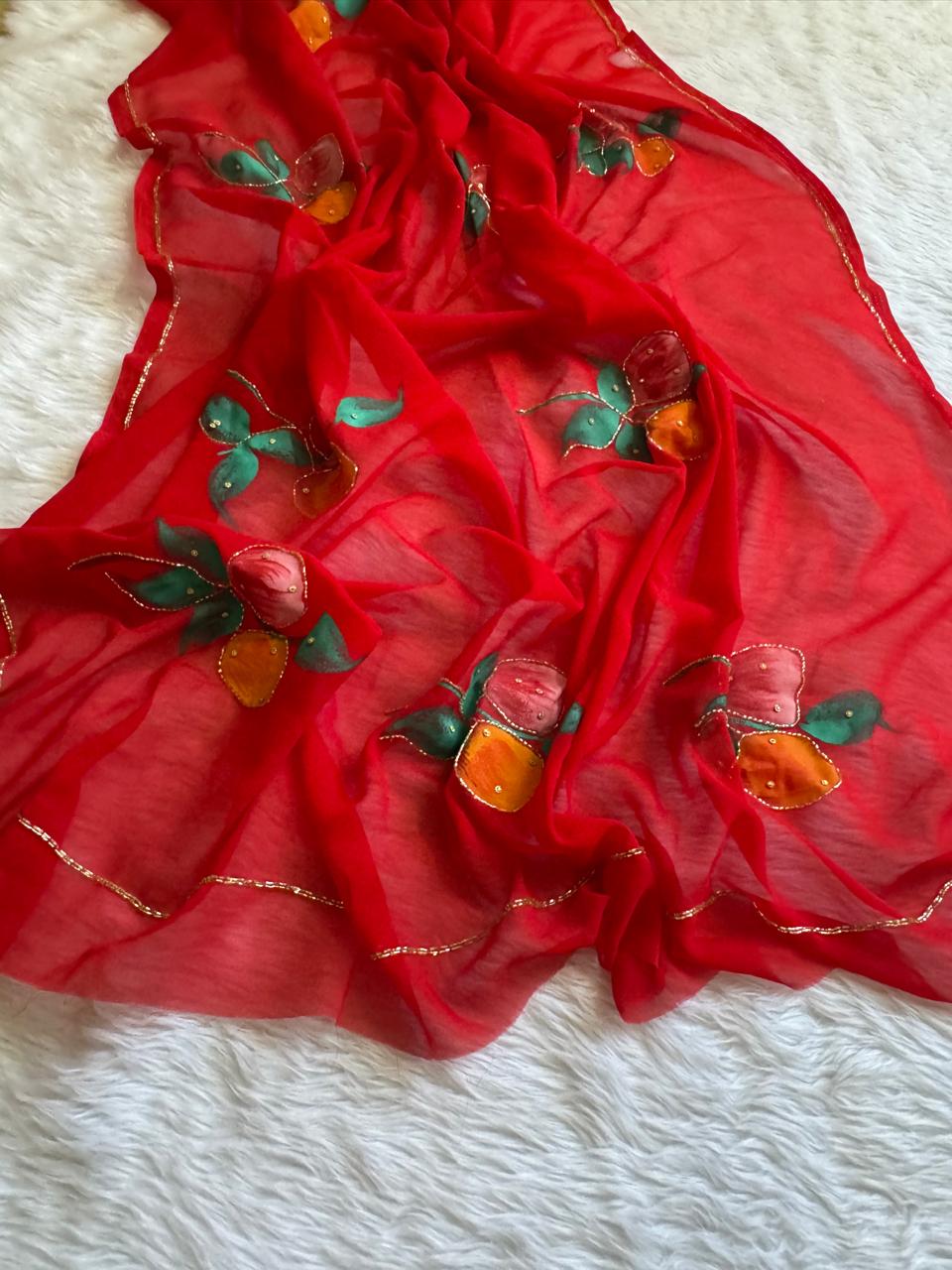 Flora Handwork Saree(Red)