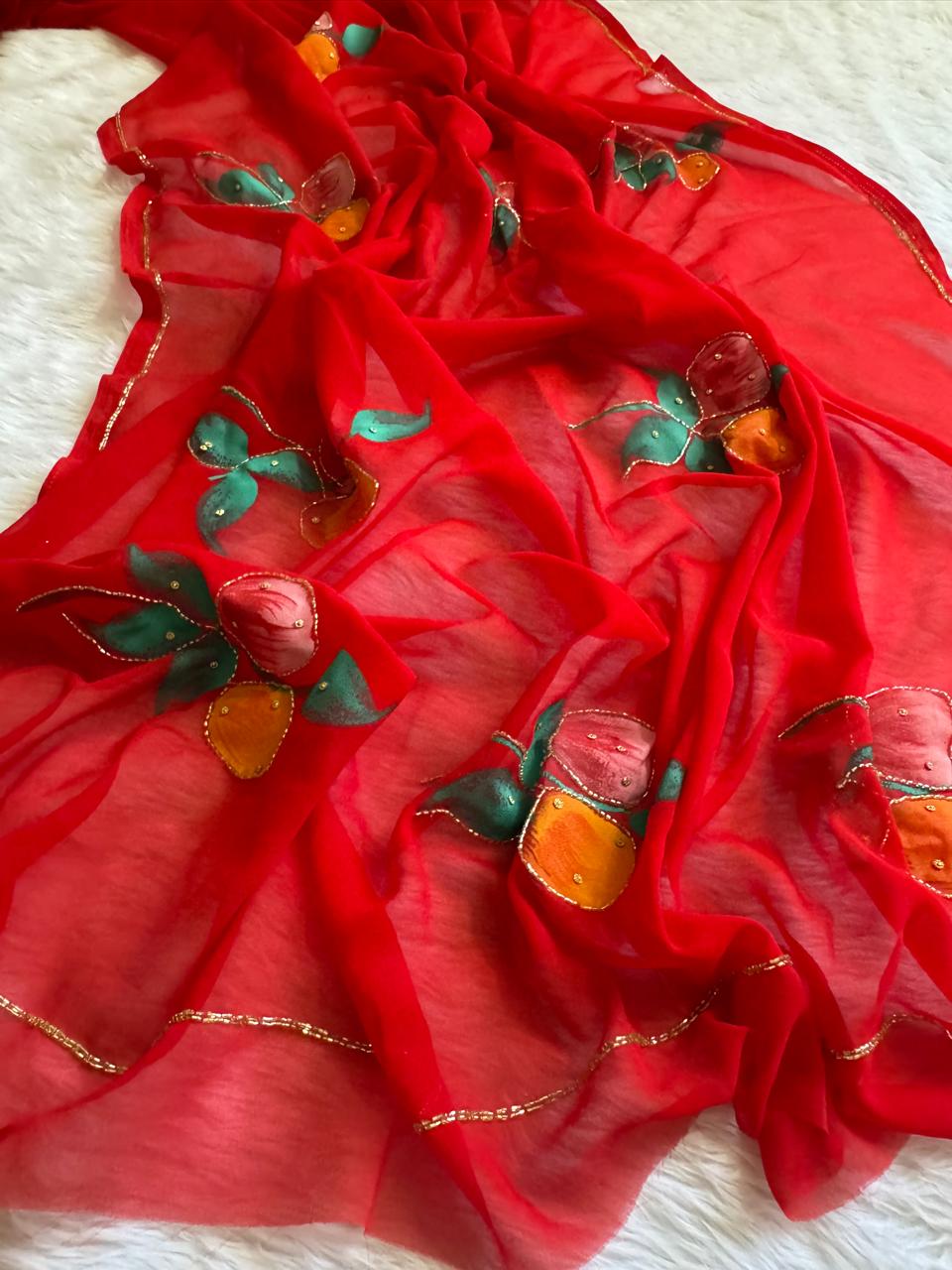 Flora Handwork Saree(Red)