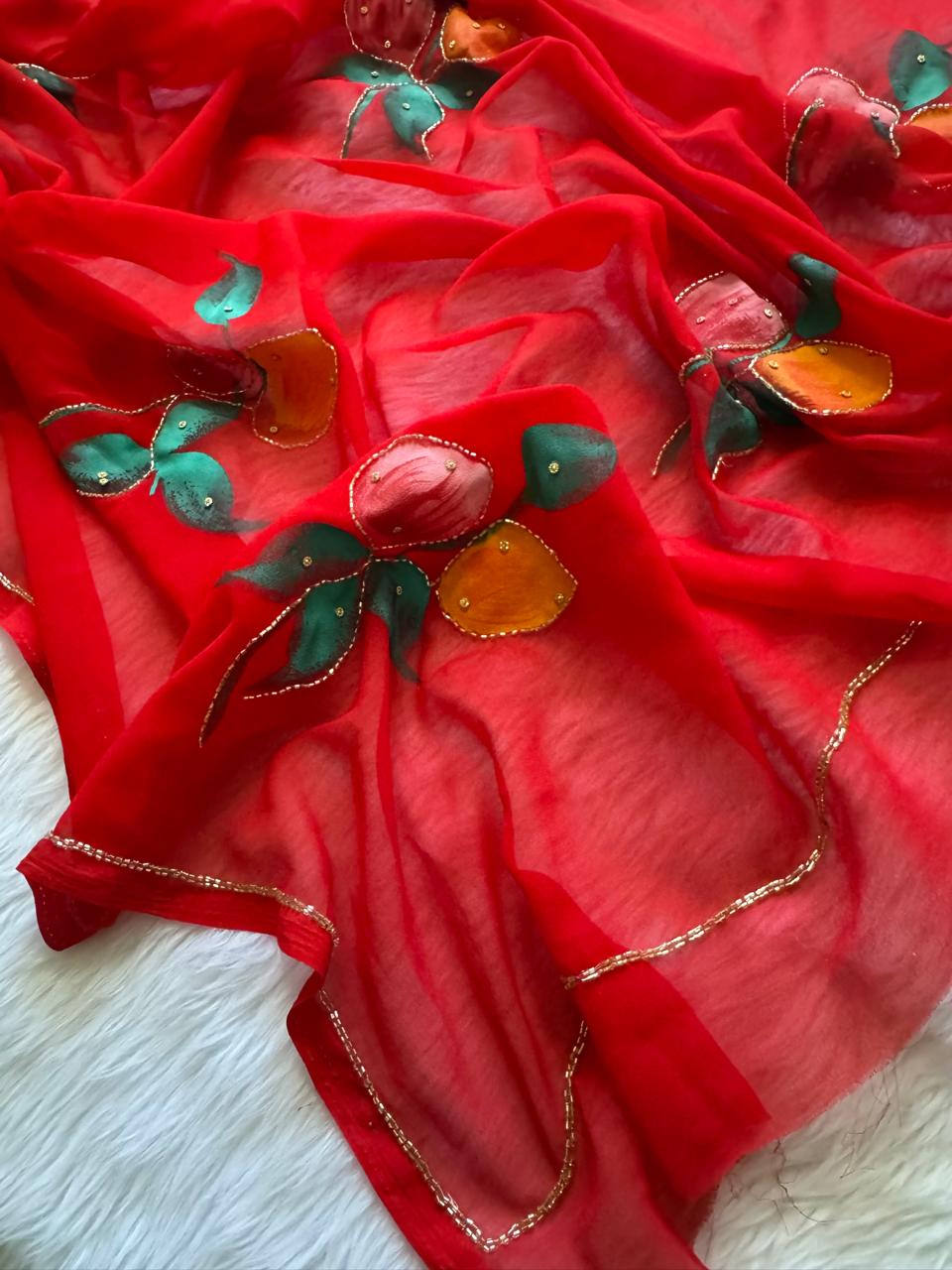 Flora Handwork Saree(Red)