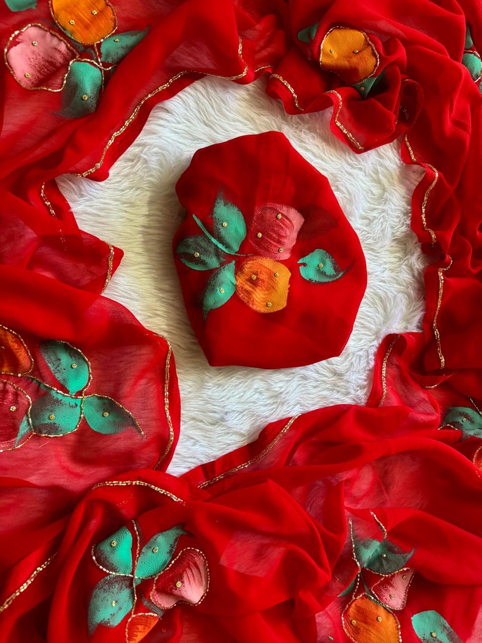 Flora Handwork Saree(Red)
