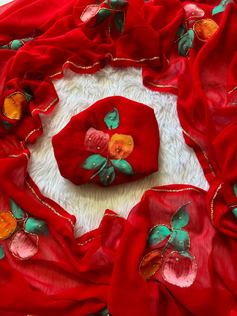 Flora Handwork Saree(Red)