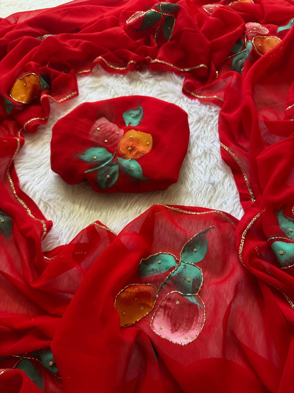 Flora Handwork Saree(Red)