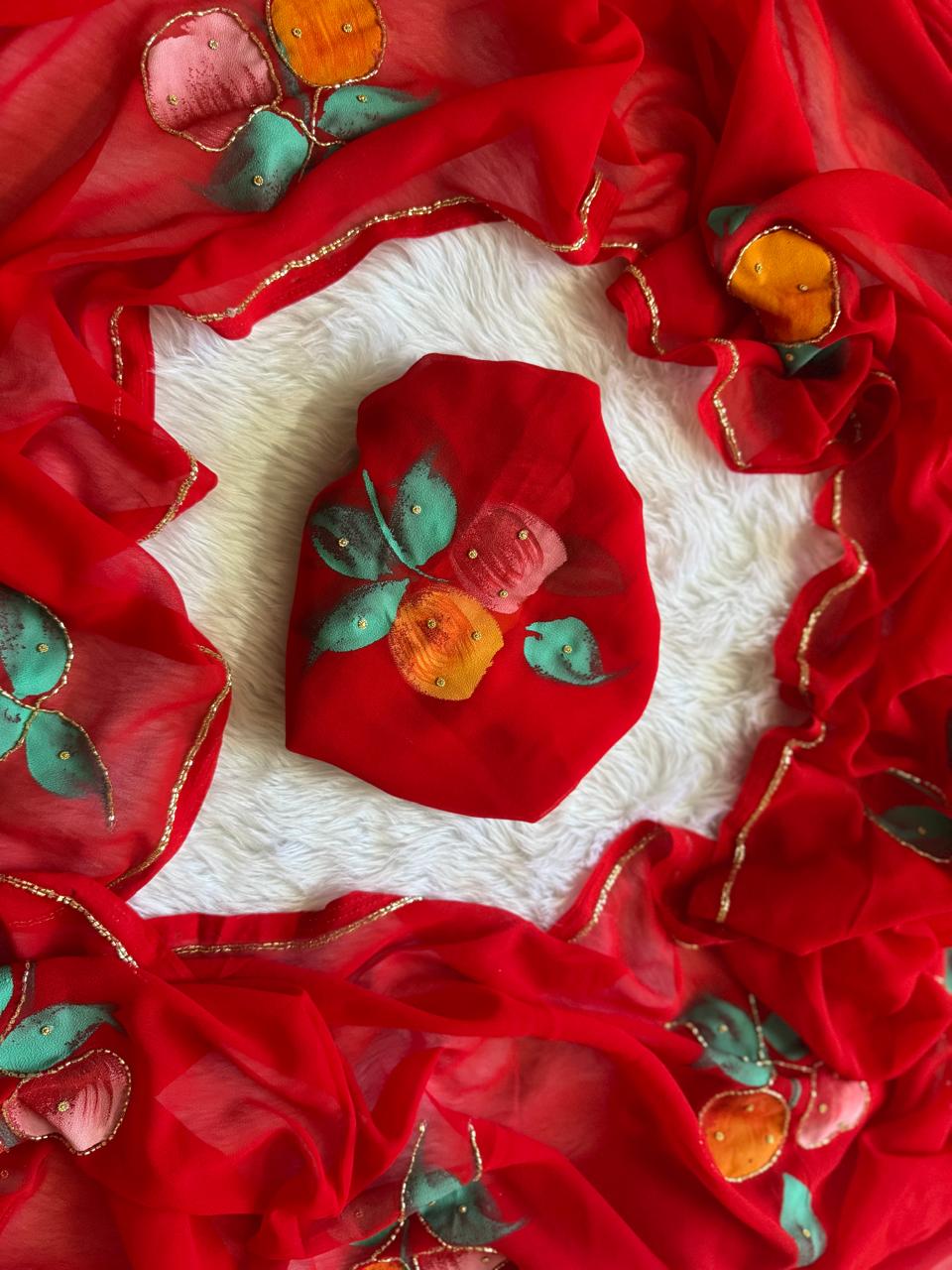 Flora Handwork Saree(Red)
