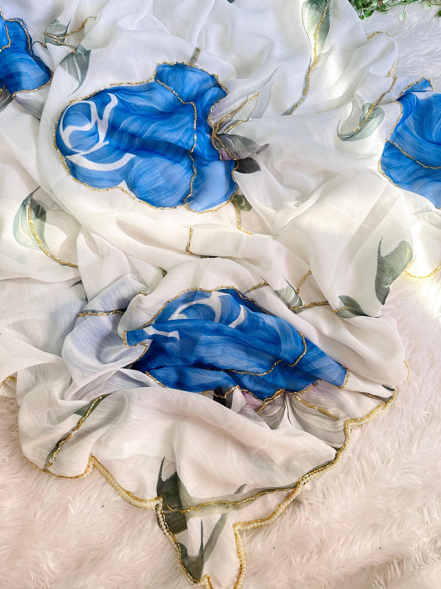 Rosette Handwork Saree(Blue)