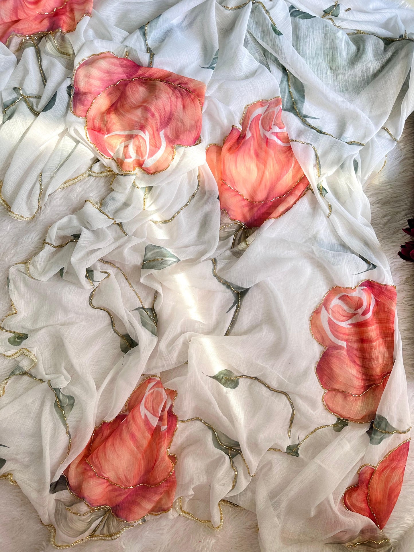 Rosette Handwork Saree(Orange)