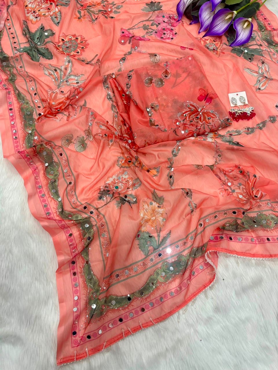 Rose Petel Mirror work Saree