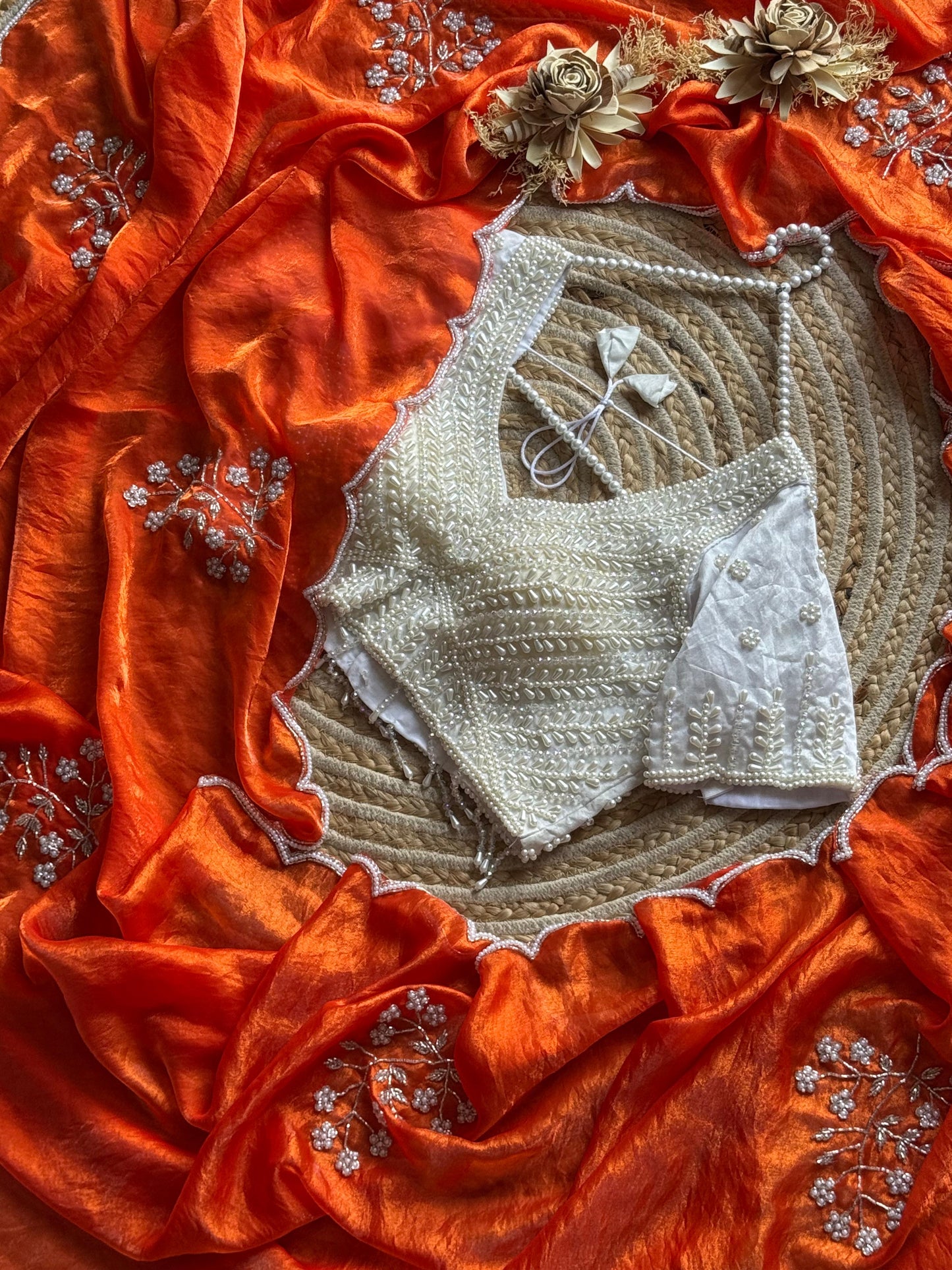 Saffron Pearl Bloom Saree