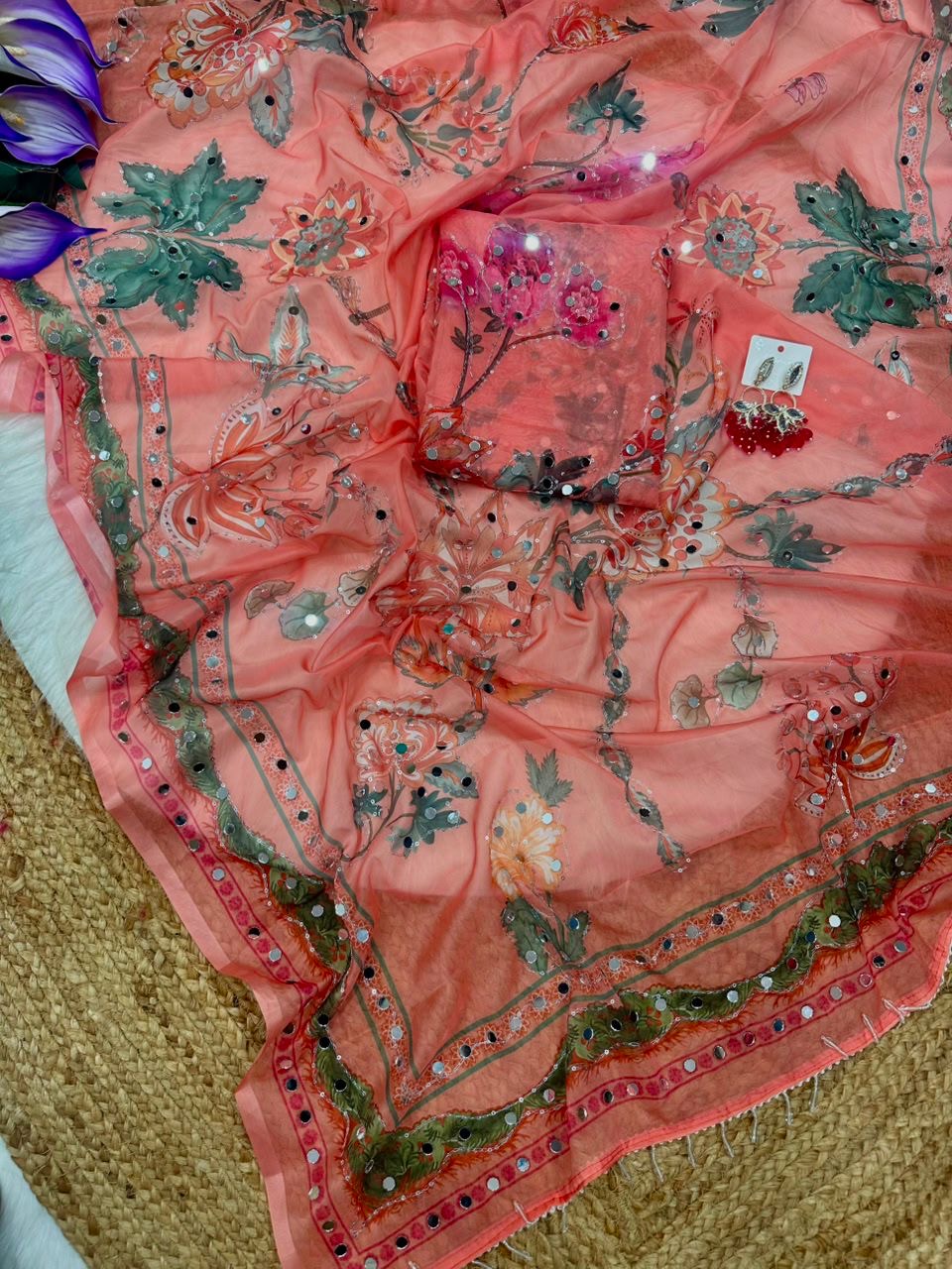 Rose Petel Mirror work Saree