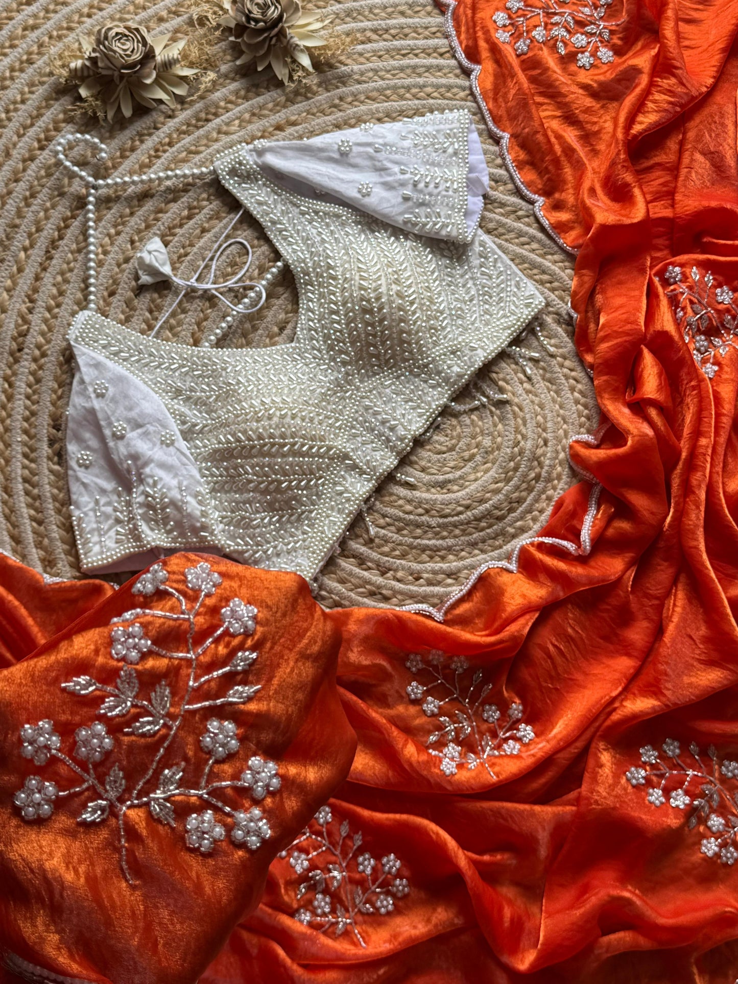 Saffron Pearl Bloom Saree