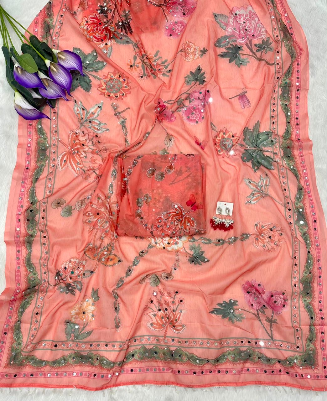 Rose Petel Mirror work Saree