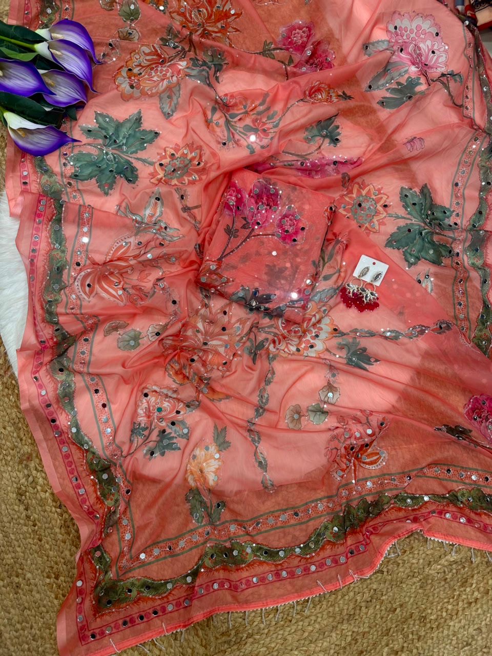 Rose Petel Mirror work Saree