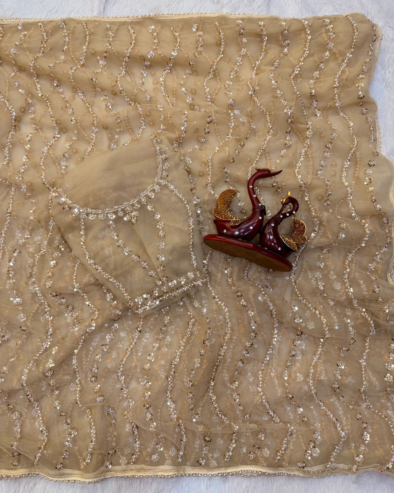 Rosette Handwork Saree(Beige Gold)