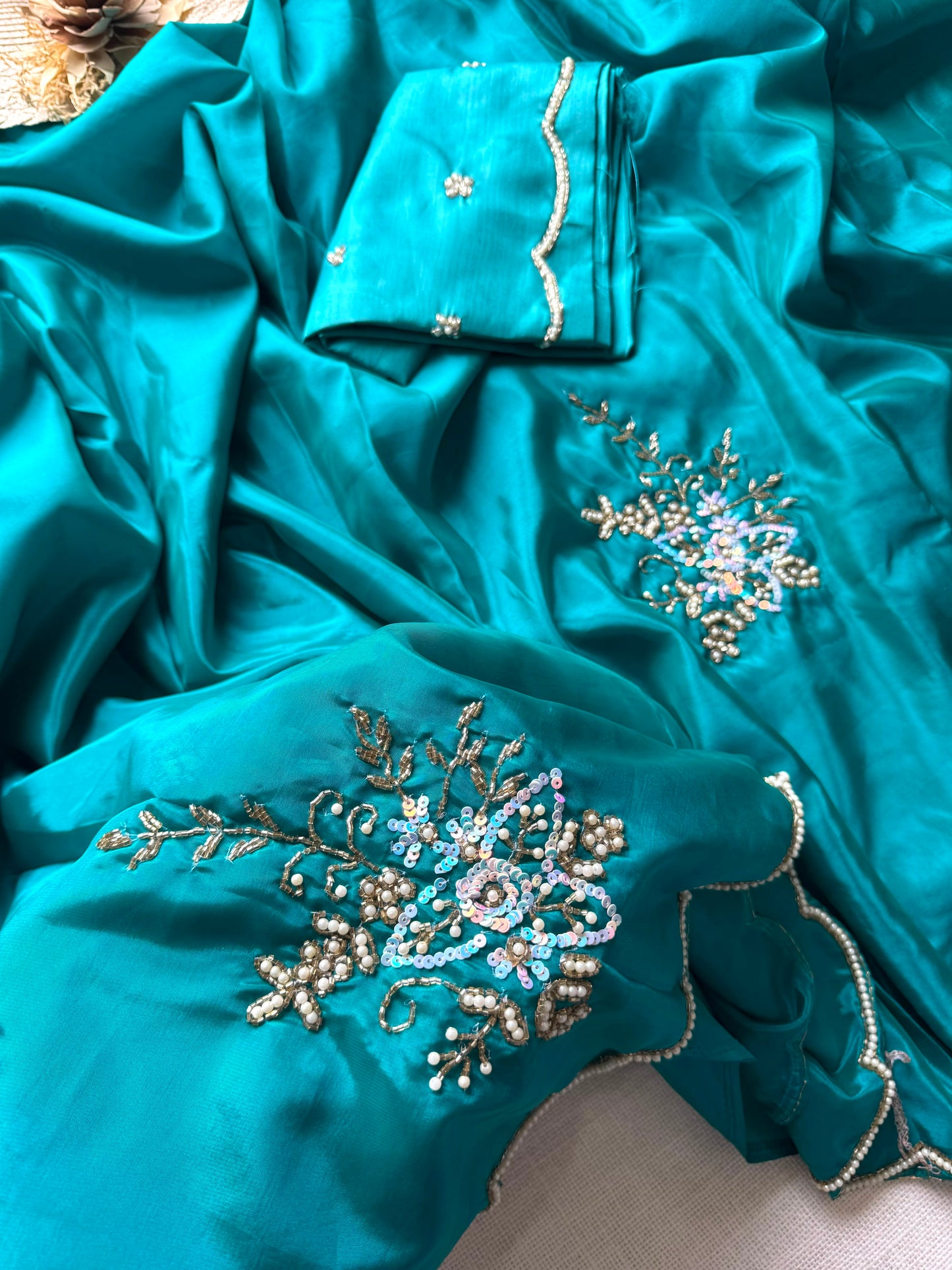 Seraphina Handwork Saree(Teal Blue)