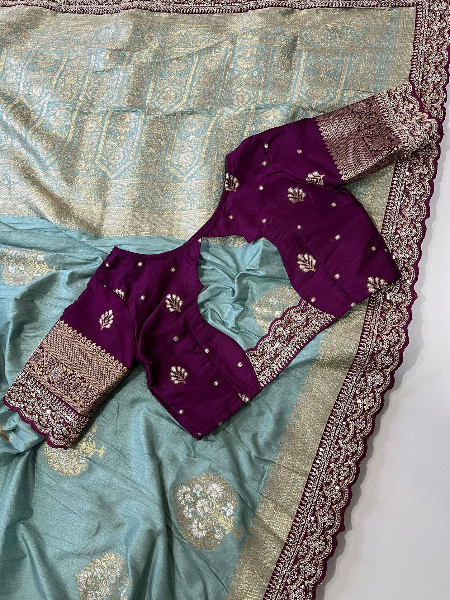 Gold Harmony Saree(Aqua Blue)