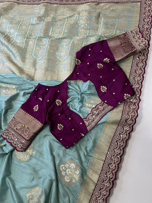 Gold Harmony Saree(Aqua Blue)