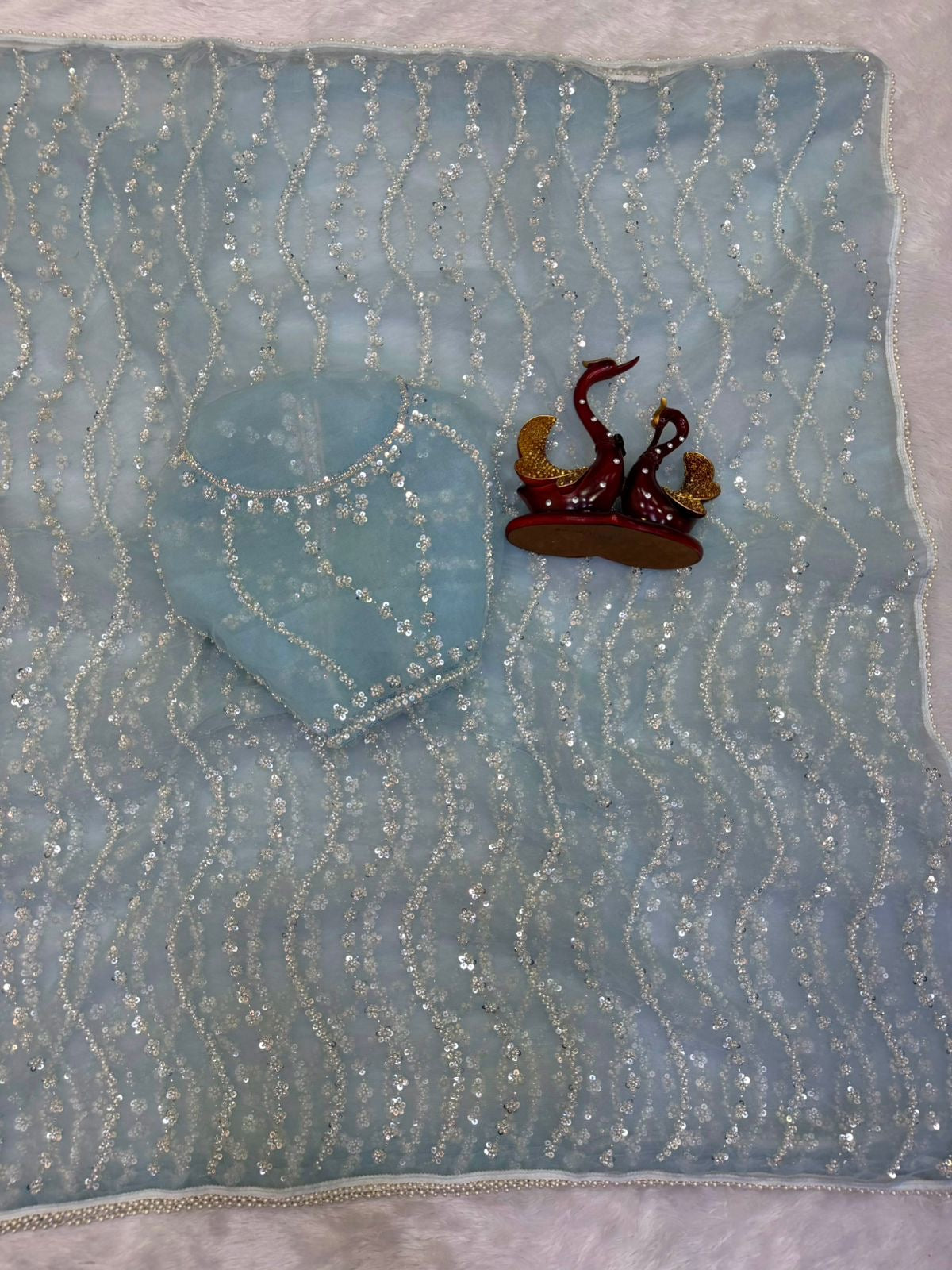 Rosette Handwork Saree(Sky)