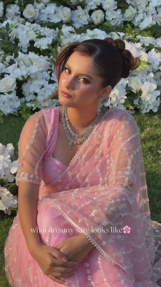 Rosette Handwork Saree(Pink)