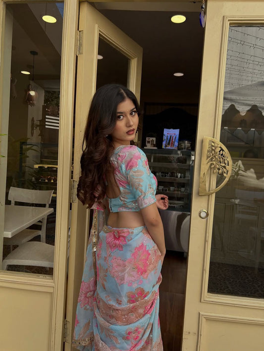 Rose Reverie Saree(Sky)