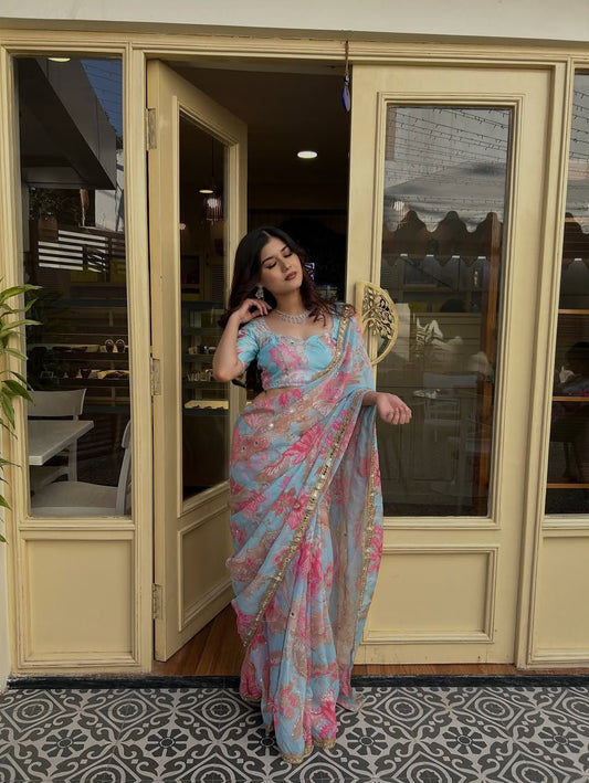Rose Reverie Saree(Sky)