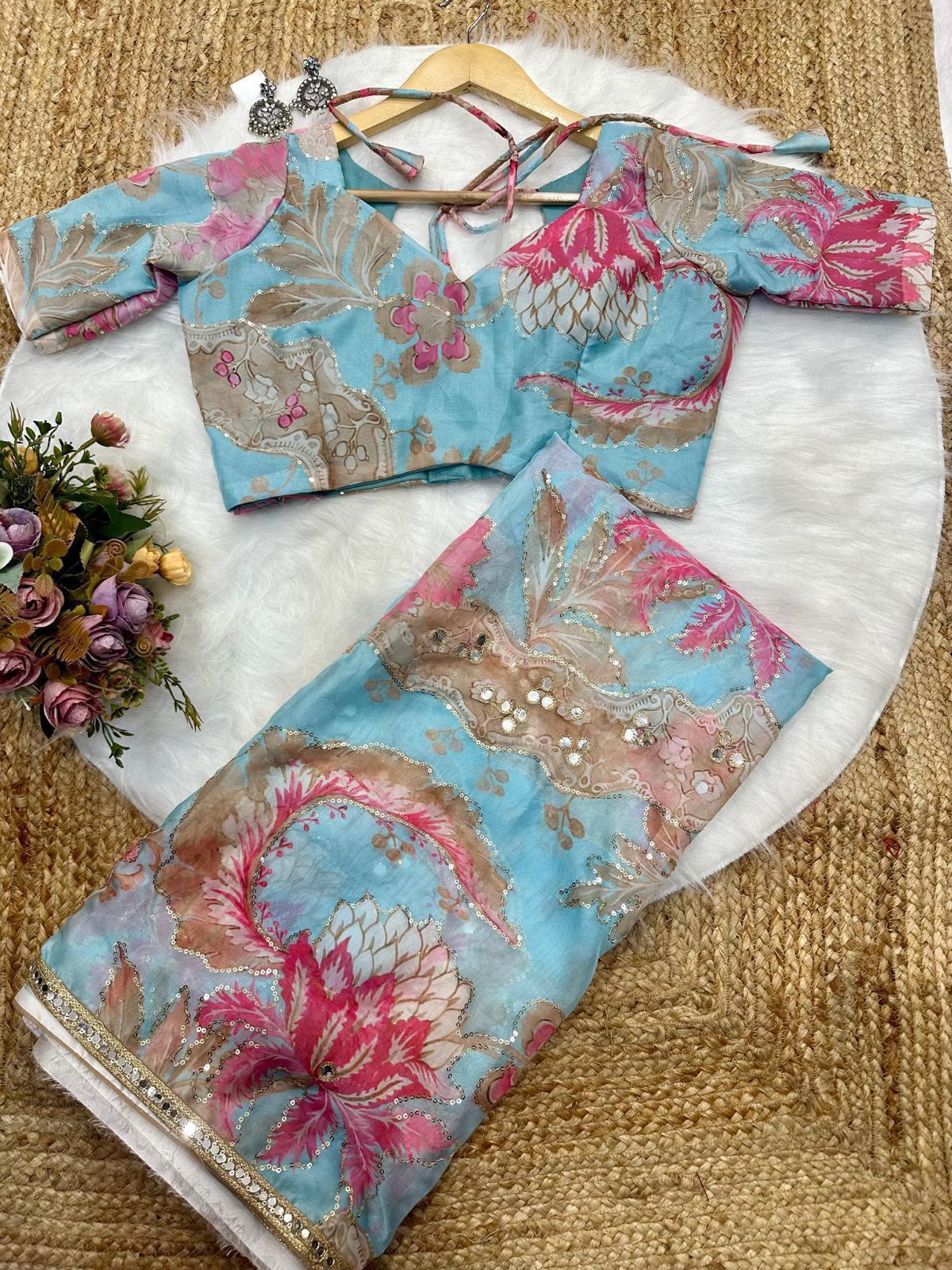 Rose Reverie Saree(Sky)
