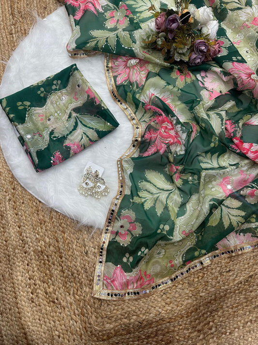 Rose Reverie Saree(Bottle Green)