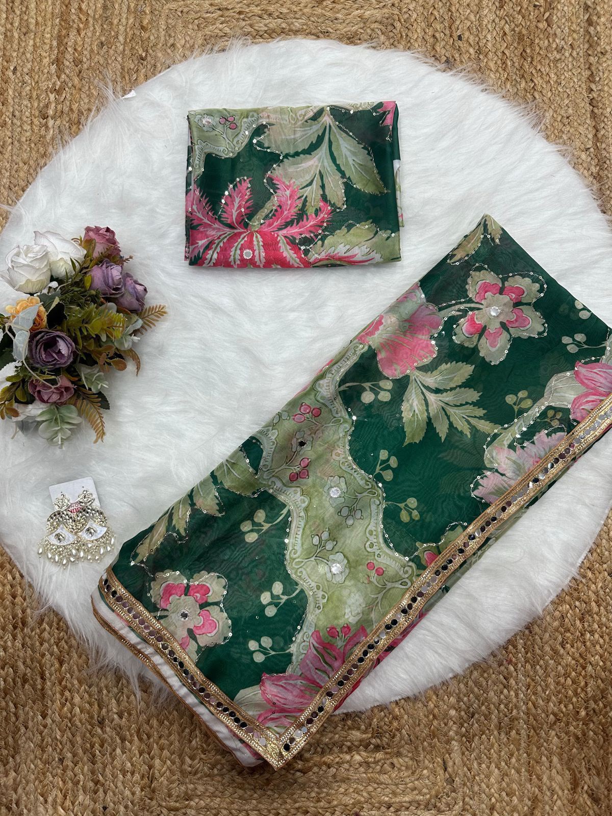 Rose Reverie Saree(Bottle Green)